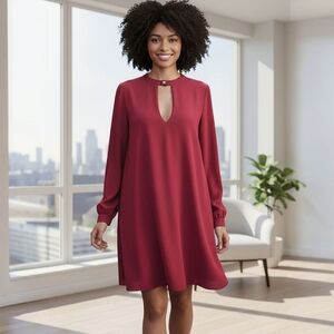 Women’s Red Burgundy Long Sleeve Shift Dress Keyhole Neckline Size Large